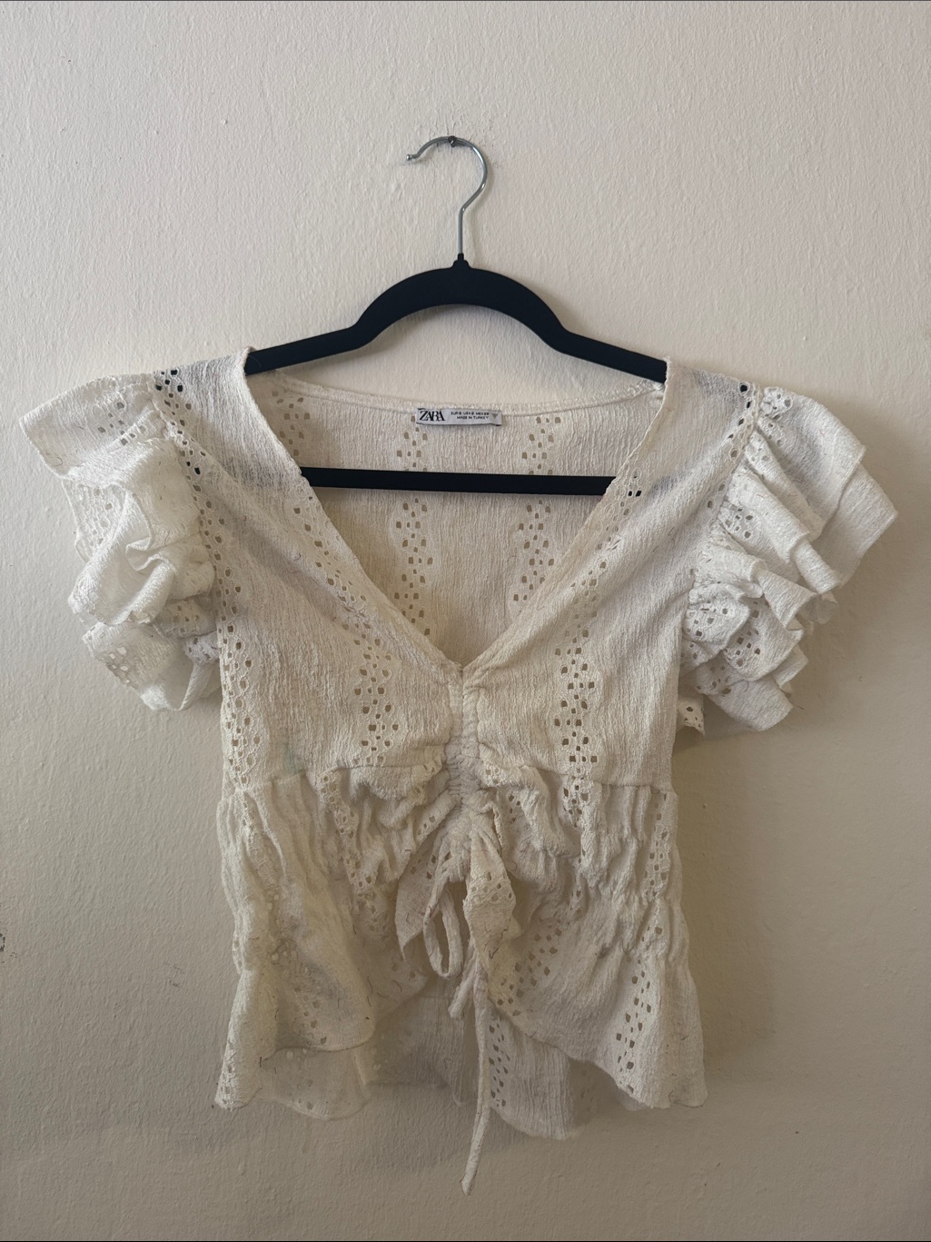 Zara Cream Eyelet Ruffle Tie-Front Blouse